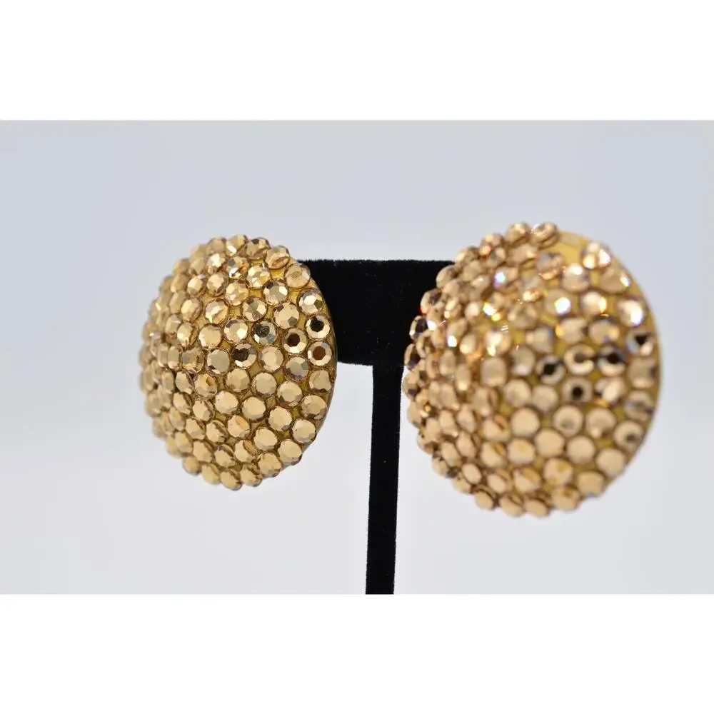 Vintage Crystal Clip Earrings Sparkling Brown Rhinestone Round Chunky 1980s 9L